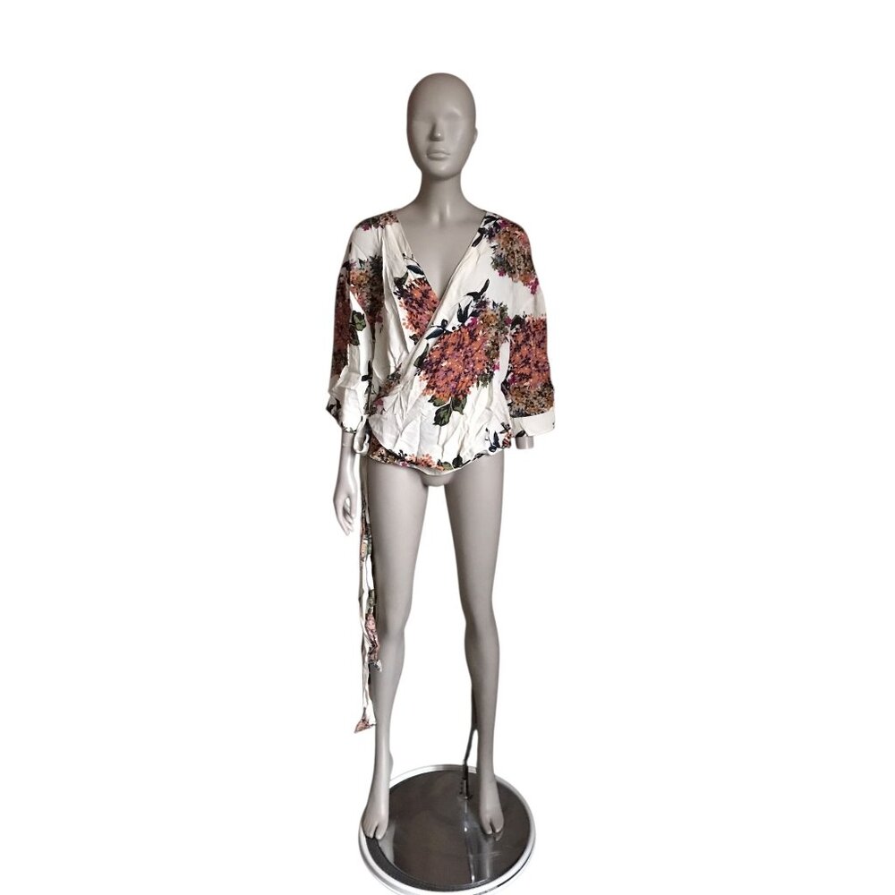 Pink Clover Tan, Pink and Orange Wrap Blouse